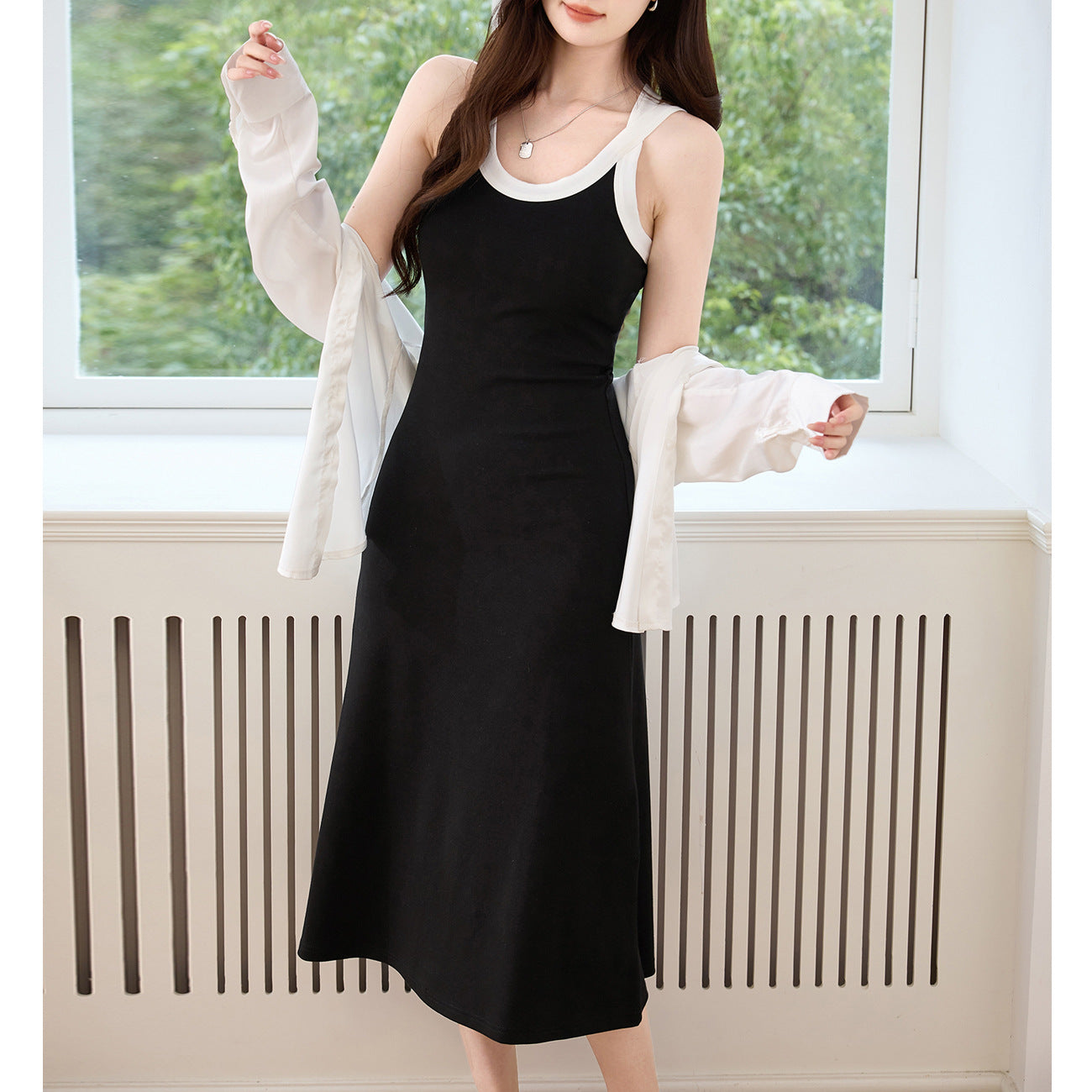[Quality and high quality] High-end design cross-back suspender dress women's summer pure cotton versatile vest long dress