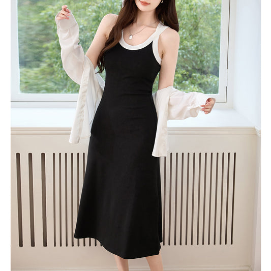 [Quality and high quality] High-end design cross-back suspender dress women's summer pure cotton versatile vest long dress