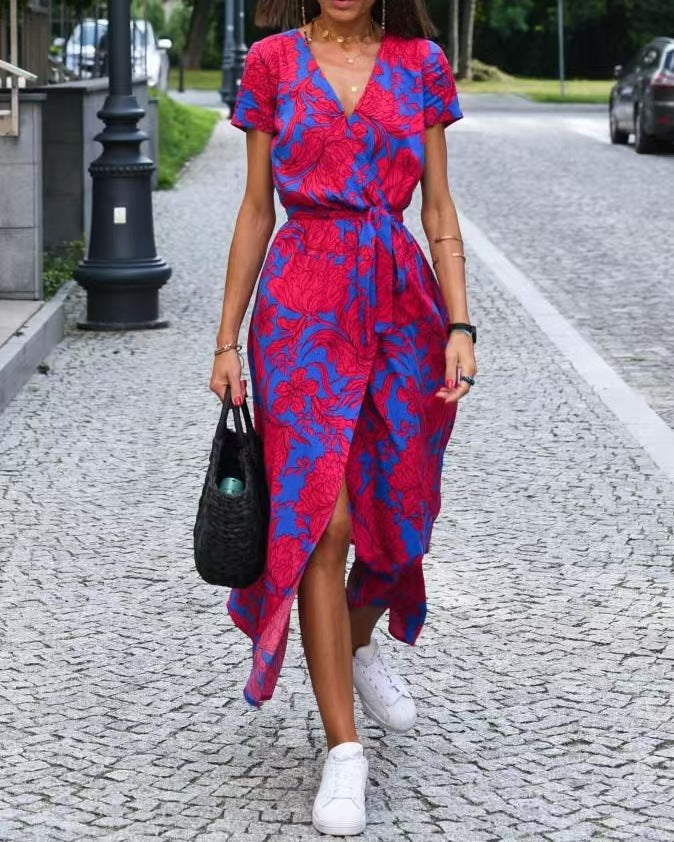 European and American cross-border Amazon printed dress 2025 summer cross-border V-neck split fork medium and long group foreign trade women's clothing