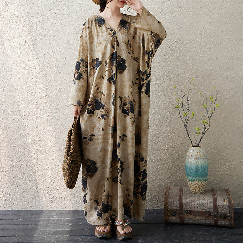 Real shot 2025 autumn new French long-sleeved sunscreen v-neck thin cotton and linen printing loose and thin dress women