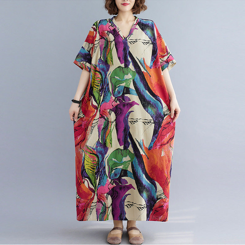 Real shot 2025 summer new literary large size loose printing cotton and linen V-neck short-sleeved dress women's beach dress