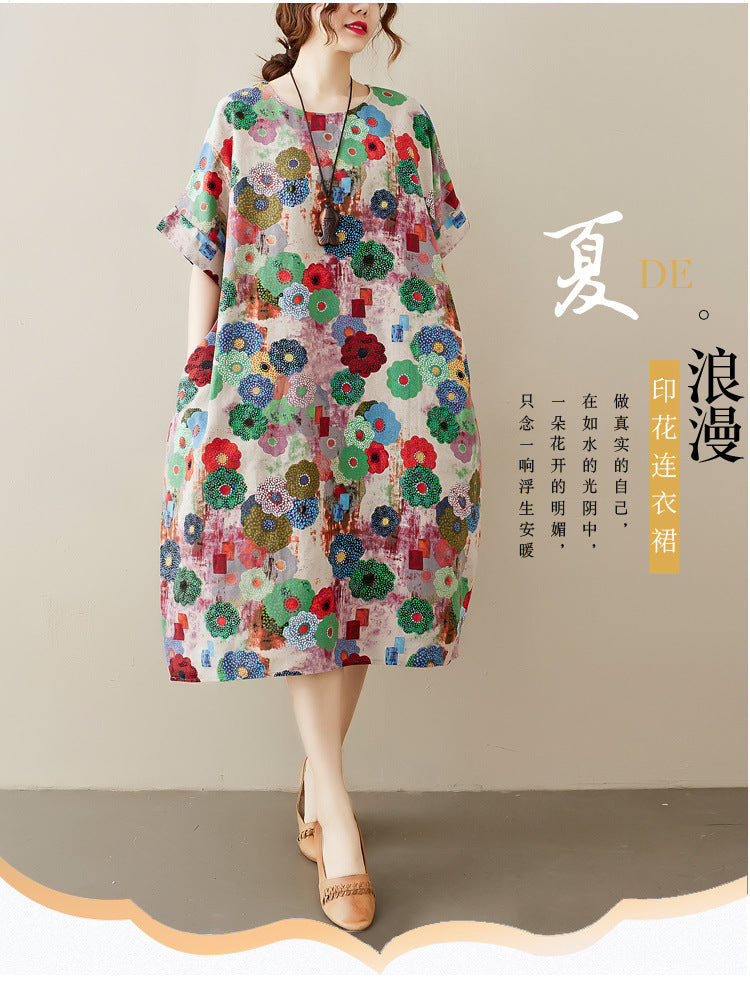 Real shot 2025 summer new cotton and linen fat sister loose and thin short-sleeved dress women