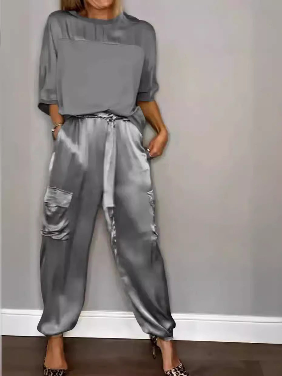 Amazon, Europe, America, Spring and Autumn Fashion Women's Solid Color Smooth Satin Five-Sleeve Top Two-piece Set Feminine Elegance