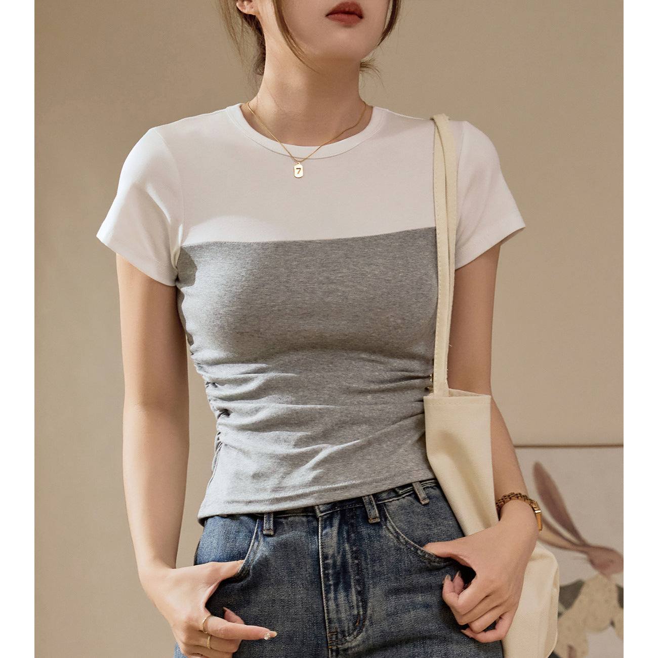 [Selection of pure cotton] Contrasting color splicing T-shirt women's 2026 summer new slim and thin shoulder bottom short-sleeved top
