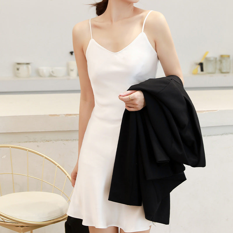 Haute couture acetic acid satin dress high-end suspender V-neck skirt temperament small man thin silky outer dress
