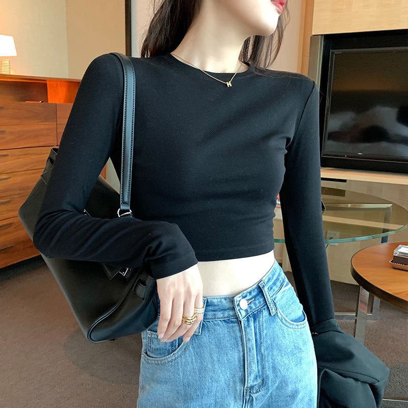 Selection of pure cotton high-waisted short T-shirt for women's 2026 autumn clothes, new inner with off-the-button long-sleeved top, slim-fitting bottoming shirt