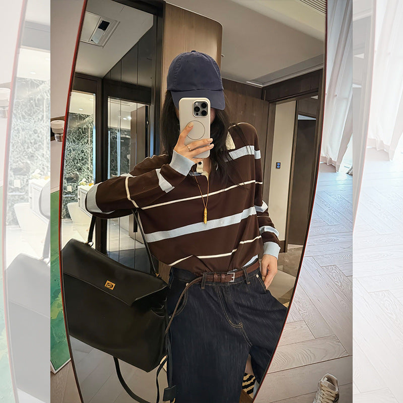 Korean contrasting striped polo collar lapel single top women's autumn unique and beautiful small fragrant style long-sleeved knitted sweater