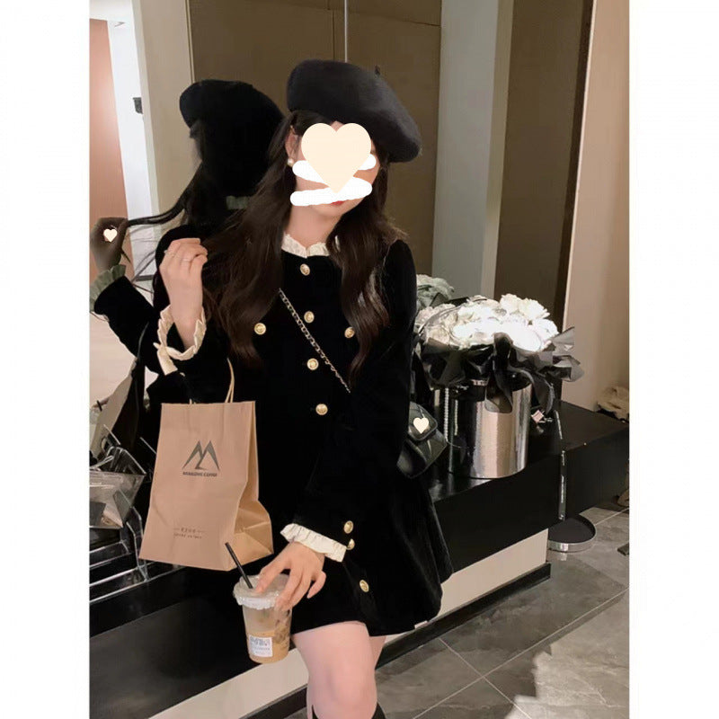 French velvet dress women's long-sleeved small black dress 2025 autumn and winter new single-breasted design waist and thin temperament