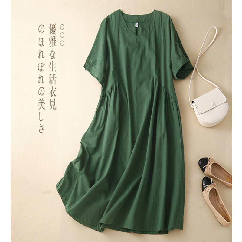 Real shot 2025 summer new literary large size loose solid color V-neck short-sleeved dress women's medium and long #8010