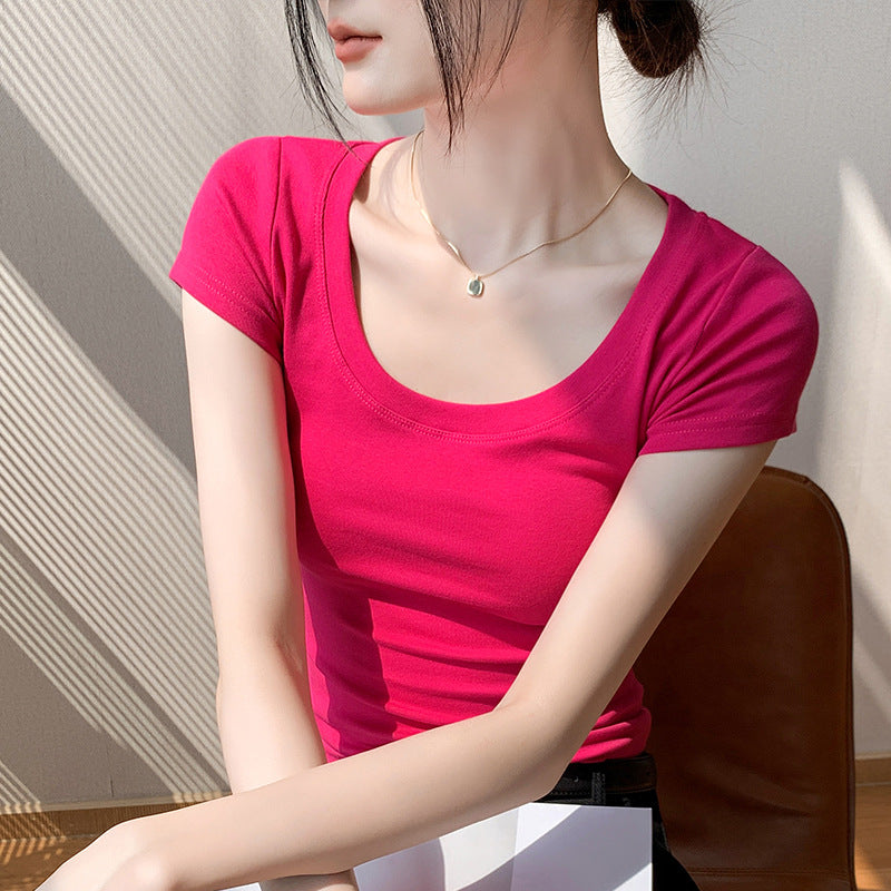 230G combed cotton short-sleeved women's t-shirt 2026 summer new slim and thin waist versatile front shoulder U-neck top