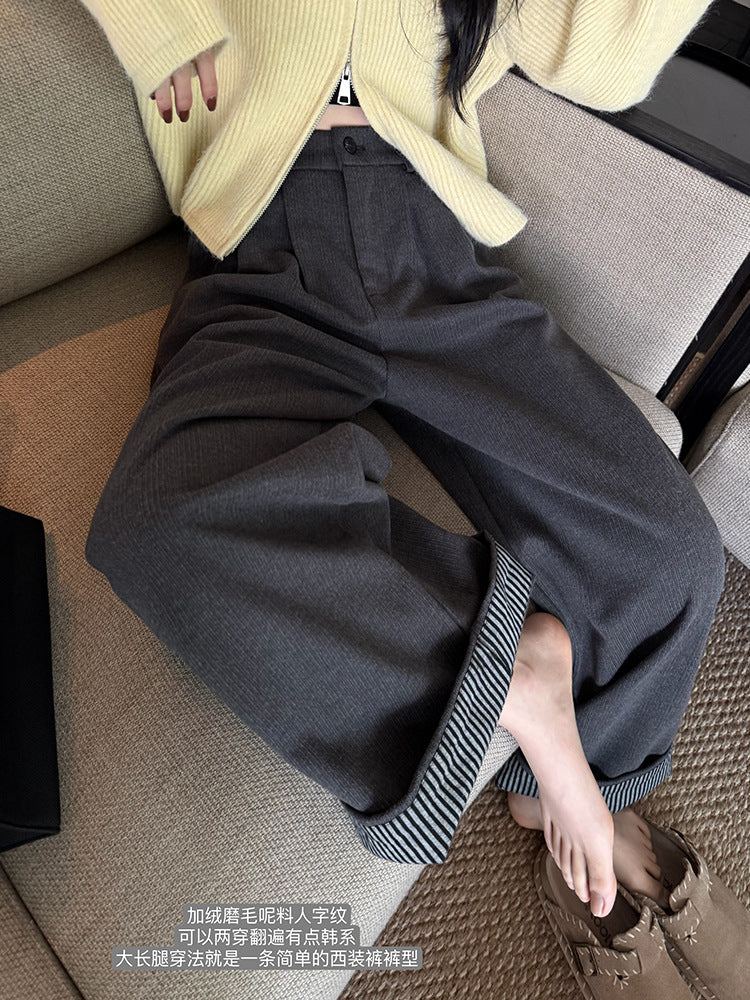 Cheongdam-dong Oni herringbone pattern velvet flanged two wear random adjustment thickened woolen pants women