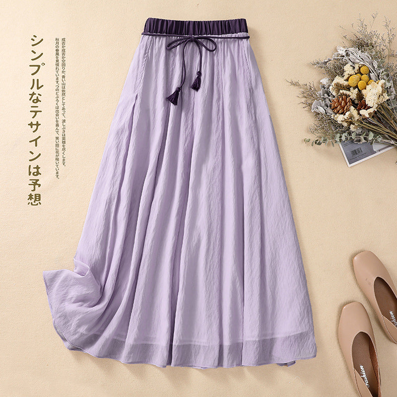 Real shot 2025 summer new literary loose solid color elastic waist A word medium and long skirt women #661 #