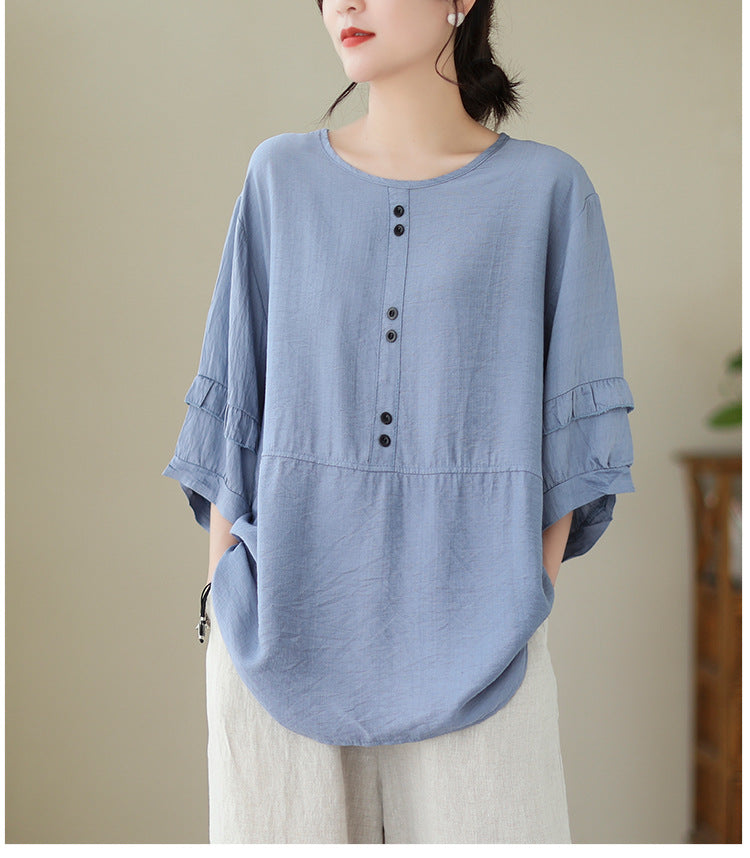 In the summer of 2024, the new cotton and linen loose large size simple casual solid color short-sleeved top T-shirt women's #8538