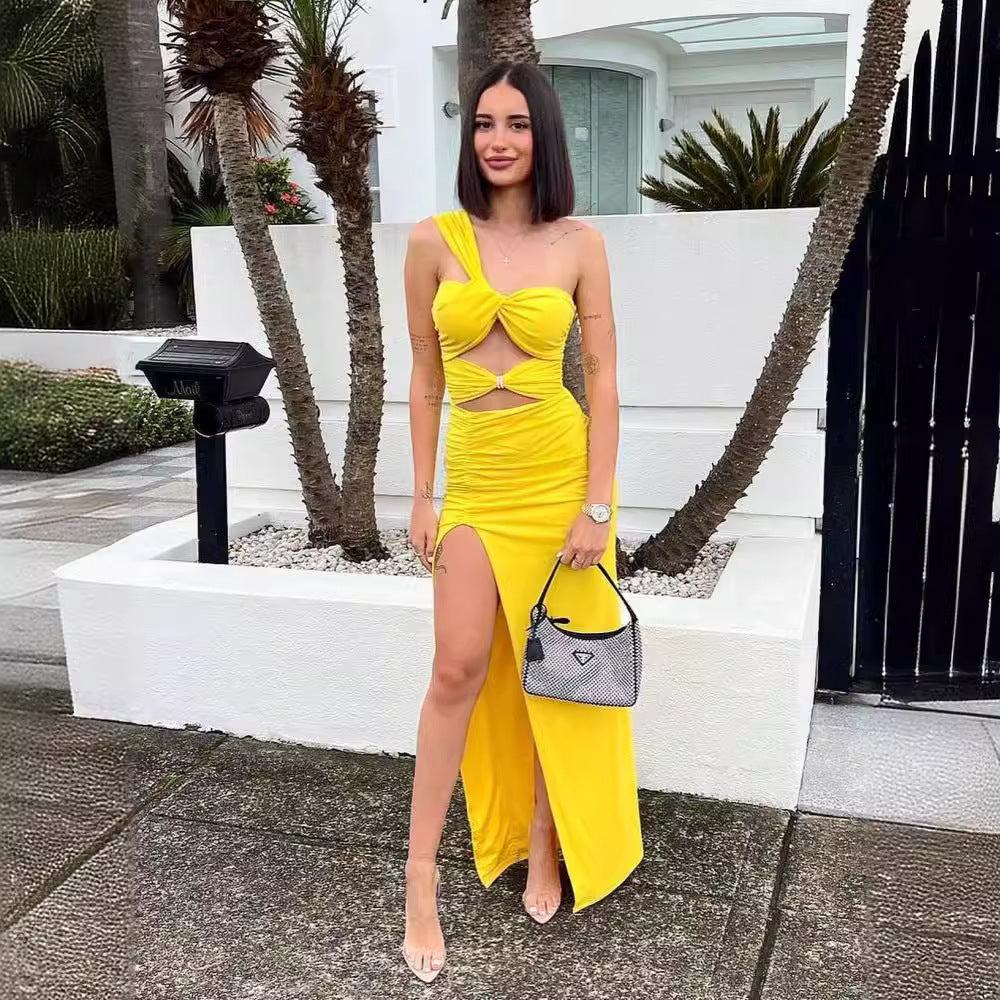 Cross-border women's off-the-shoulder kinked chest-wrapped dress women's high split solid color evening banquet dress skirt elegant temperament