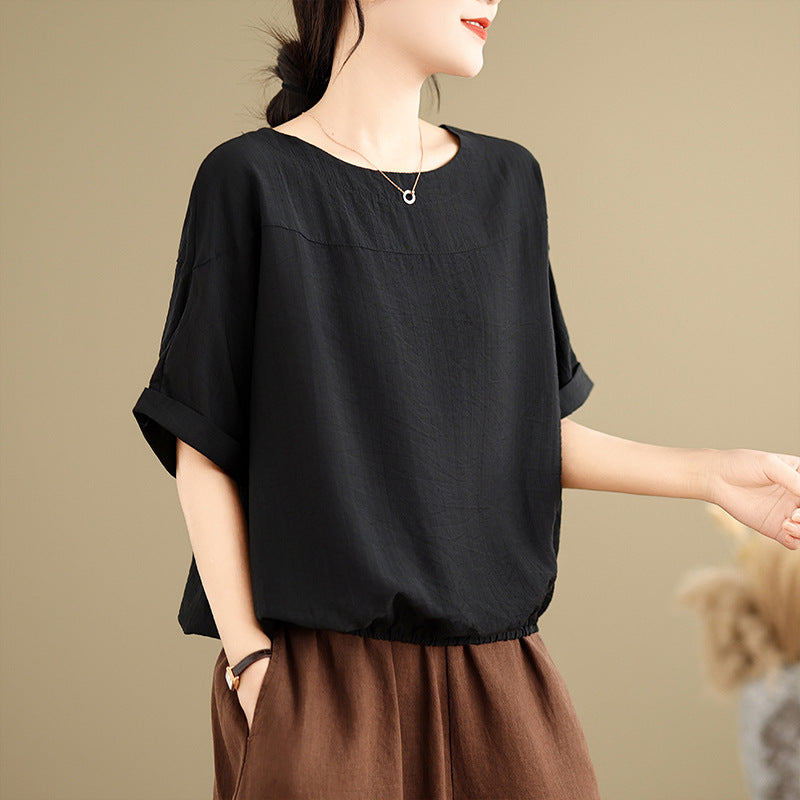 2025 summer new literary and retro loose splicing solid color round neck short-sleeved T-shirt women's top #8593