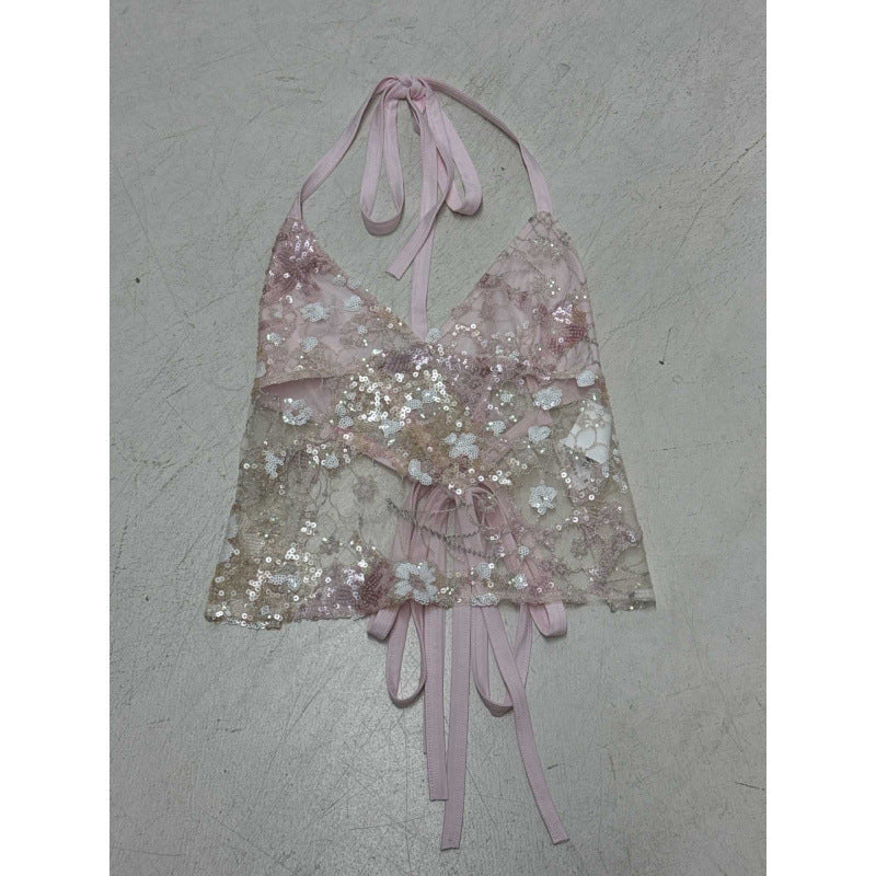 Sweet and spicy design, reflective sequined mesh vest, sexy perspective, one-piece halter strap, neck sling.