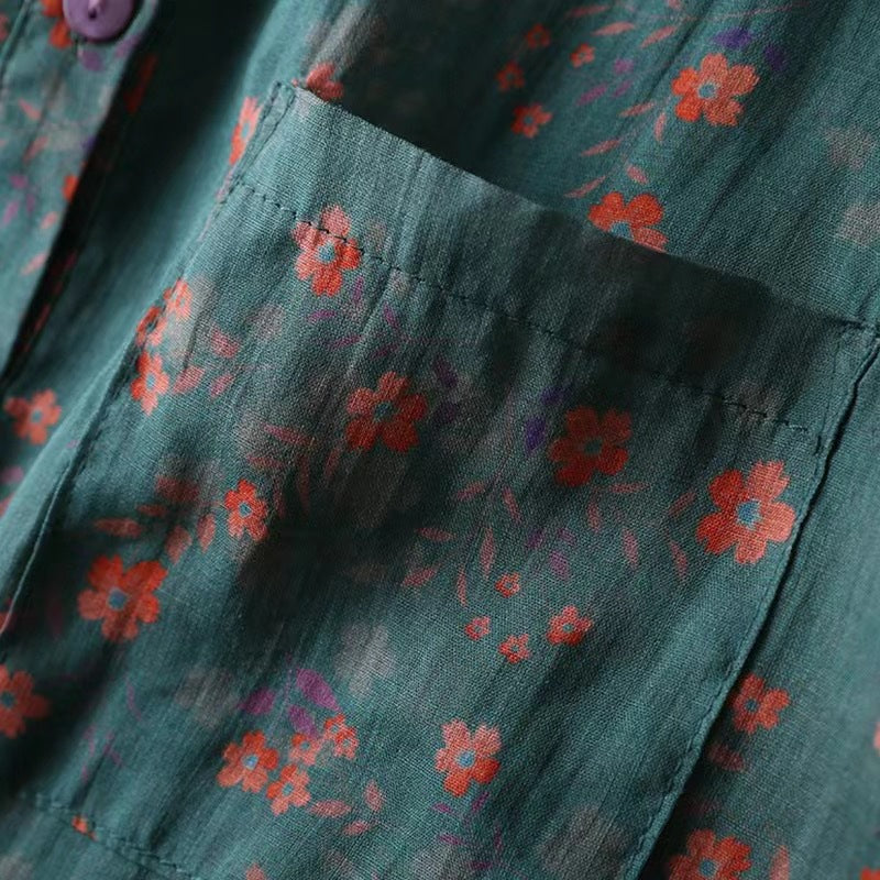 Summer 2025 new literary and thin lapel cotton and linen small floral short-sleeved shirt blouse top #6029