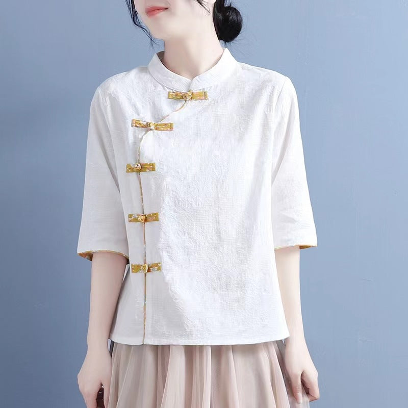 2024 summer new cotton and linen diagonal placket floral disc buckle stand-up collar medium sleeve Chinese style literary and retro shirt top women