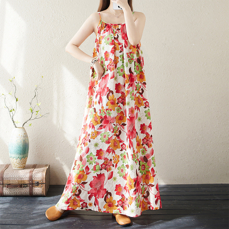 2024 summer new cotton and linen large size bohemian seaside vacation travel beach dress suspender dress women