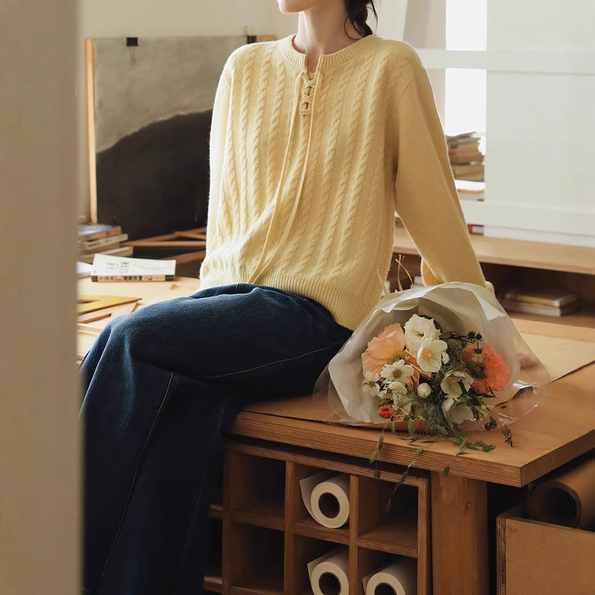 MELLIIY Spring 2025 New Commuter V-Neck Lace-up Merino Full Wool Cable Knit Sweater Woman