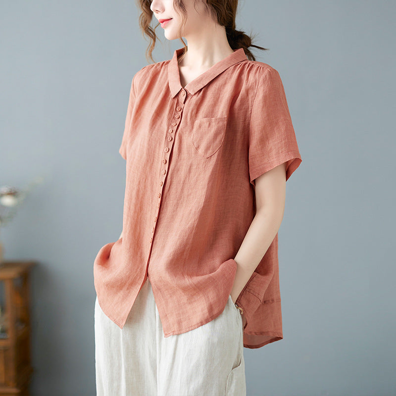 Real shot 2025 summer new literary loose solid color lapel short-sleeved shirt blouse top #8626 #