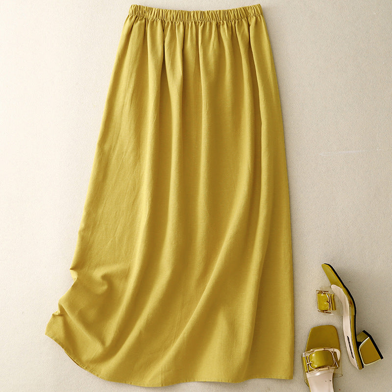 In the summer of 2025, the new cotton and linen blended breathable loose and simple rear split skirt women