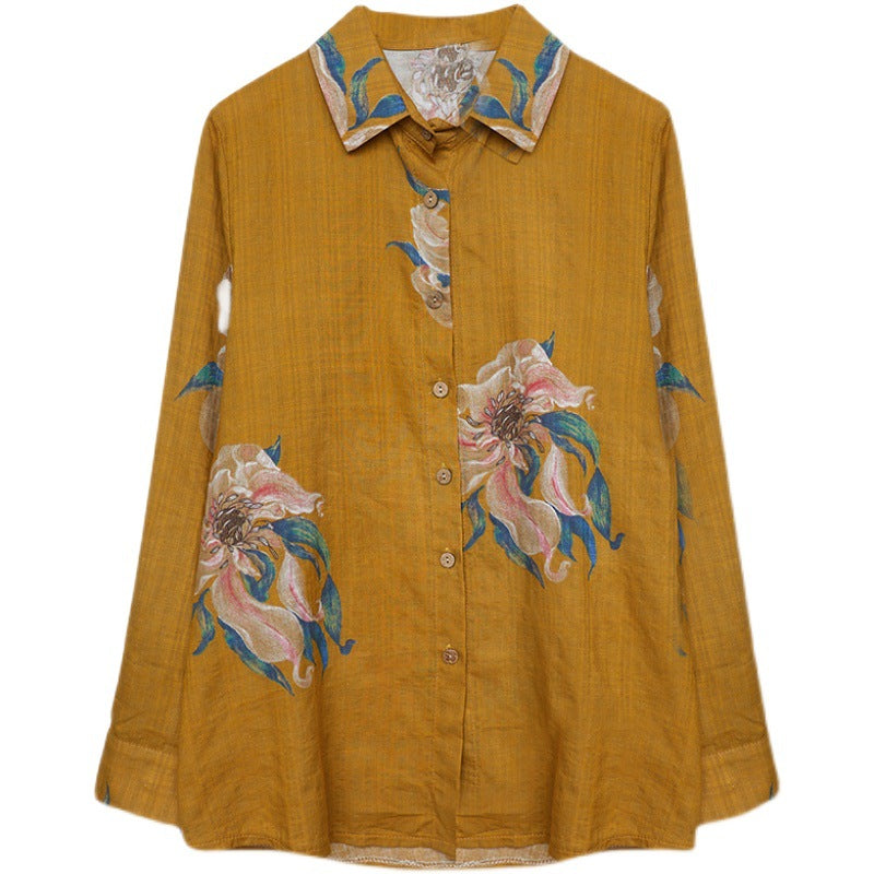 Real shot, spring 2025 new literary loose printing lapel long-sleeved shirt women's shirt top #8168