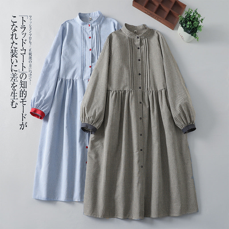 Real shot 2025 autumn new Japanese literary plaid long-sleeved shirt dress loose and thin long dress women