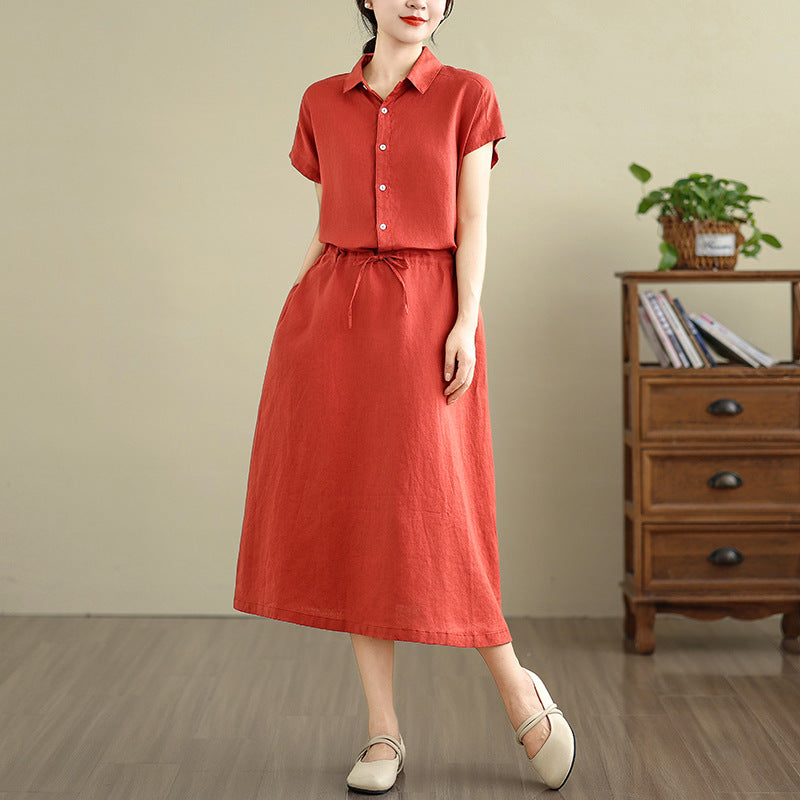 Real shot 2025 summer new cotton and linen shirt dress short sleeve lapel simple commuter shirt skirt women's clothing