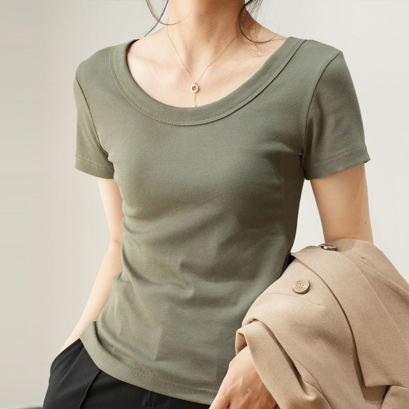 High-end versatile cotton U-neck T-shirt women's short-sleeved 2026 summer new loose and thin t-shirt top bottoming shirt