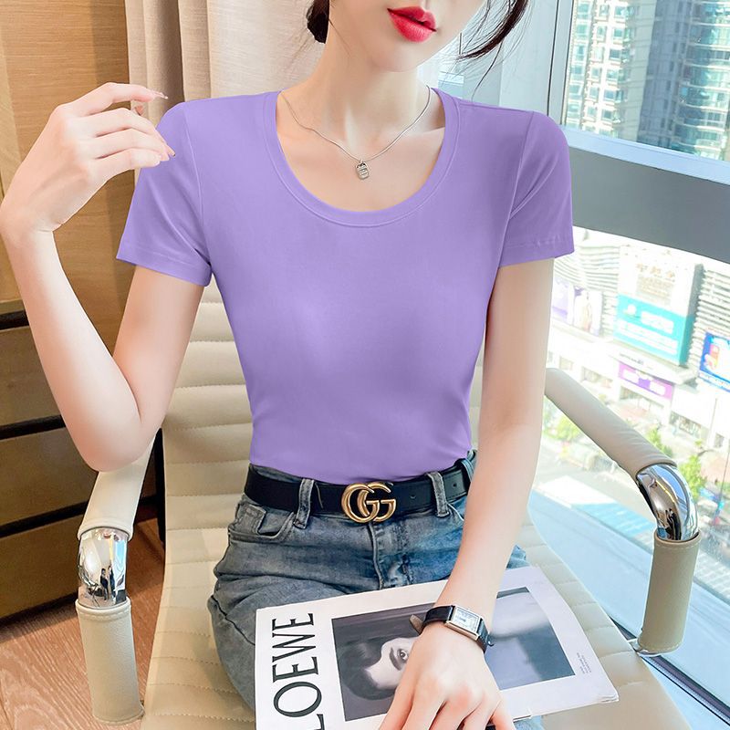 Lotus root pink short-sleeved t-shirt women's pure cotton summer chic Korean wear high-end niche non-collision versatile top