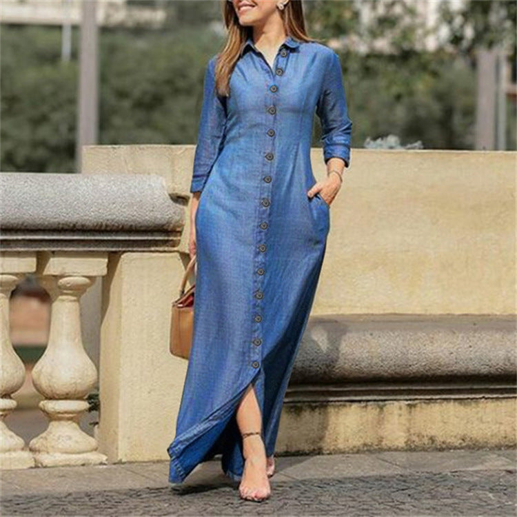 2025 European and American autumn women's clothing temperament elegant fashion neutral style long-sleeved lapel cardigan solid color long denim skirt