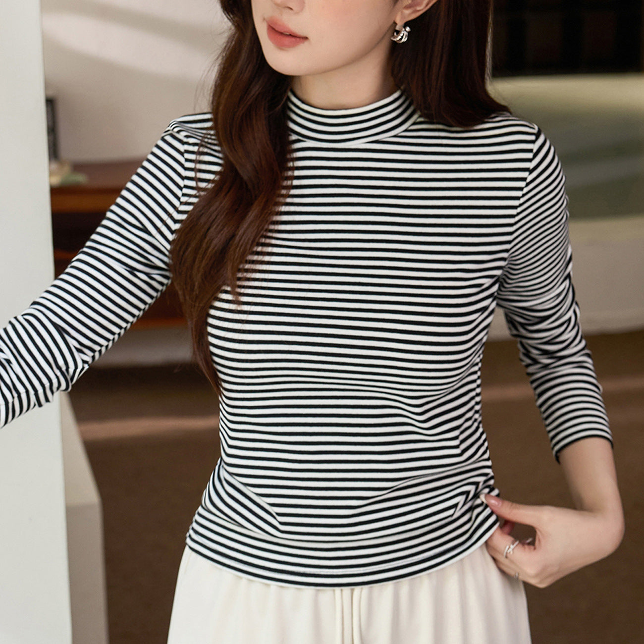 #Selection of good goods #Pure cotton T-shirt women's long-sleeved foreign-style striped bottoming shirt 2026 autumn and winter new semi-turtleneck top