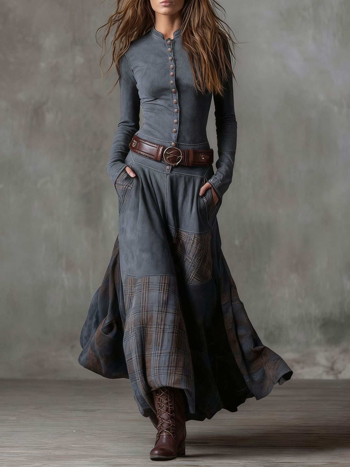 2025 Independent Station Foreign Trade Suede Plaid Collage Vintage Temperament Dress with Pocket Button Belt Belt