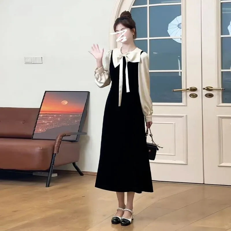 Small French black inner dress autumn and winter 2025 new high-end Hepburn style large size medium and long dress