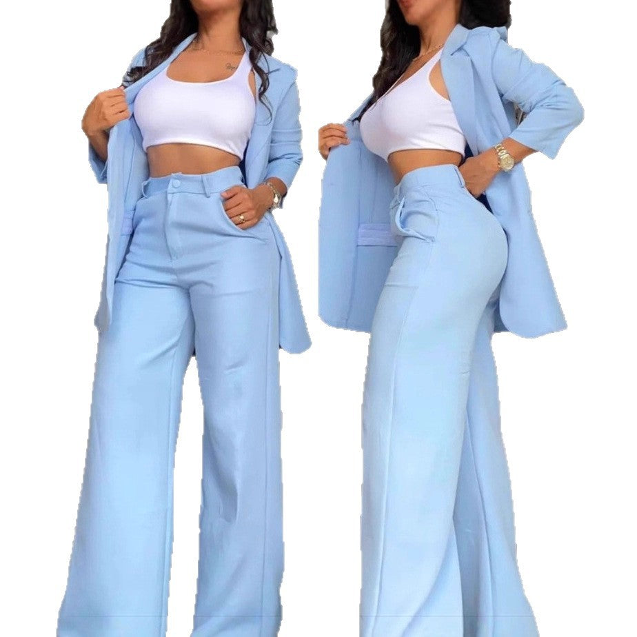 Cross-border 2025 European and American foreign trade summer women's clothing temperament elegant solid color split sleeve lapel suit straight pants suit women