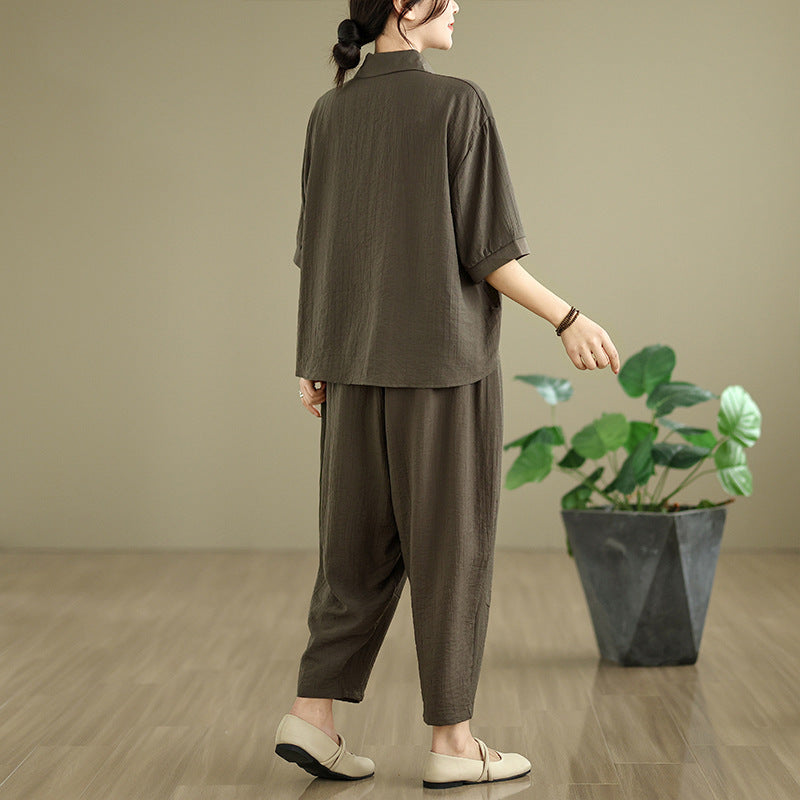 Real shot 2025 summer new literary loose solid color short-sleeved top + Harlan pants set women's two-piece set #0672