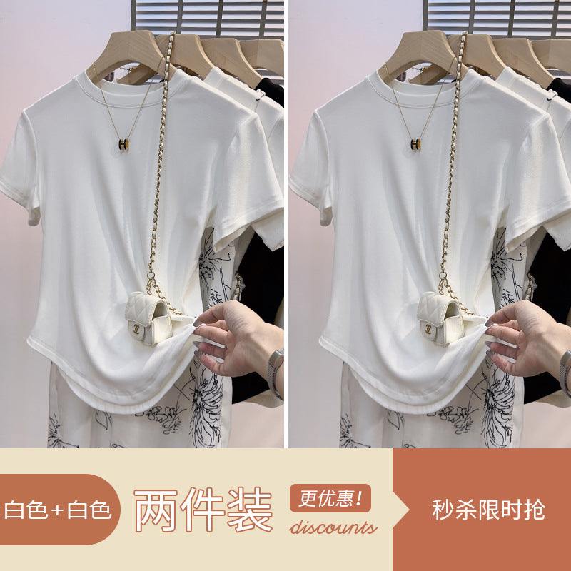 Irregular curved white ice silk short-sleeved t-shirt women's drape feeling slim and thin versatile thin semi-turtleneck top trendy