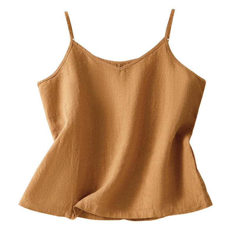 Real shot 2025 summer new cotton and linen V-neck adjustable shoulder strap simple suspender vest top women