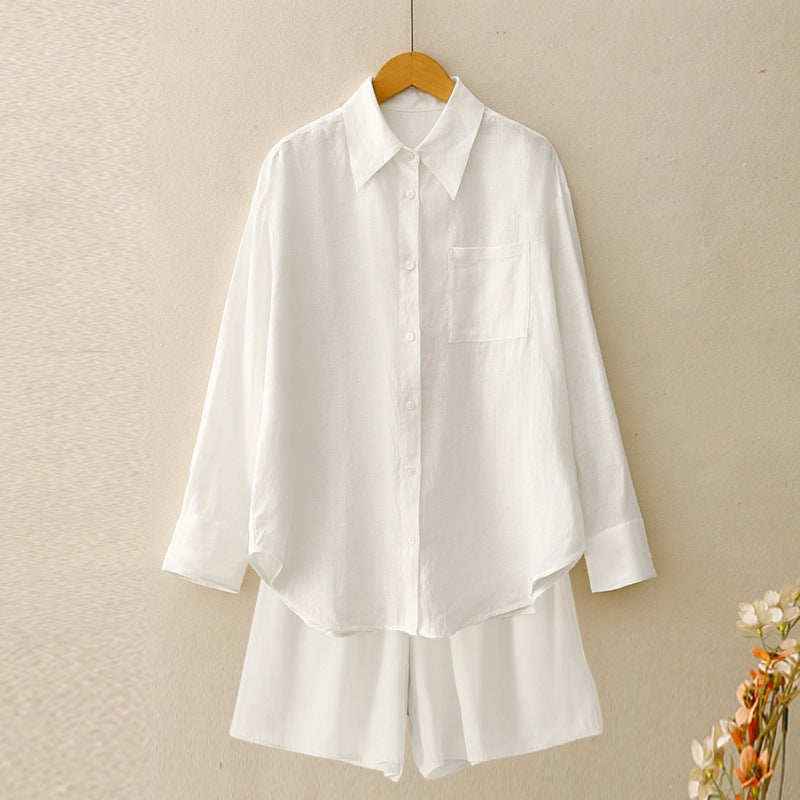 Real shot 2025 summer new shirt women's slack sunscreen shirt + shorts two-piece set women's