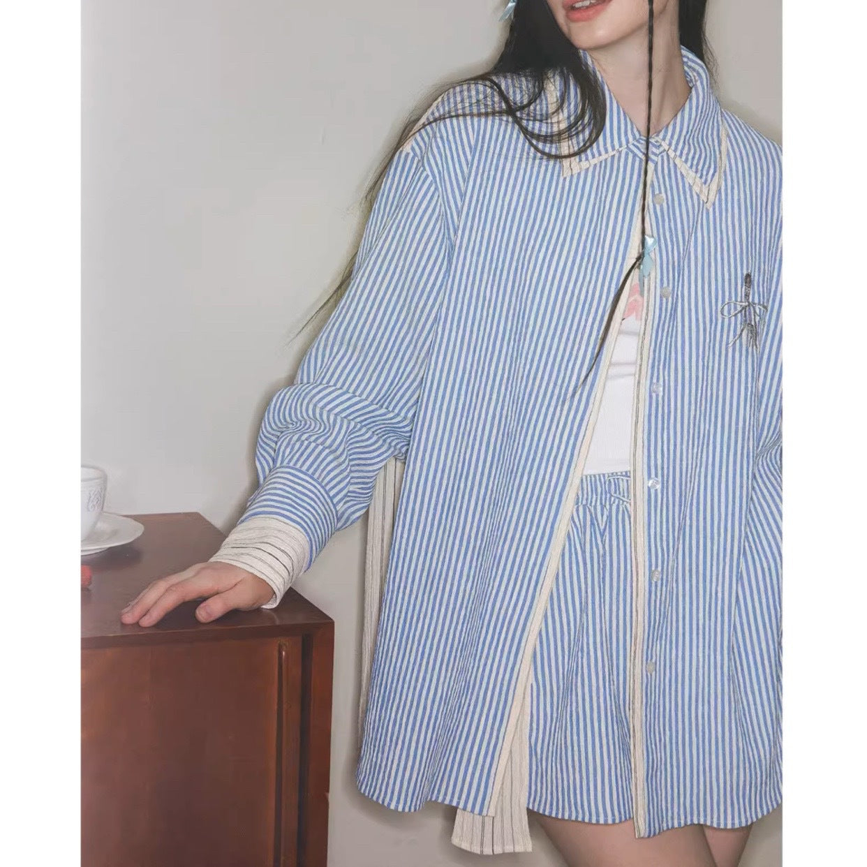 [Bruce Blues] Yu Shuxin's same American retro striped shirt casual loose shorts set