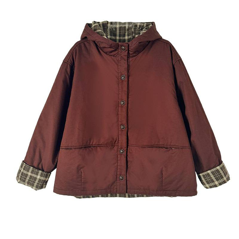 Real shot 2025 winter retro cotton trench coat double-layer jacket inner plaid hooded cotton-padded jacket warm cotton-padded jacket