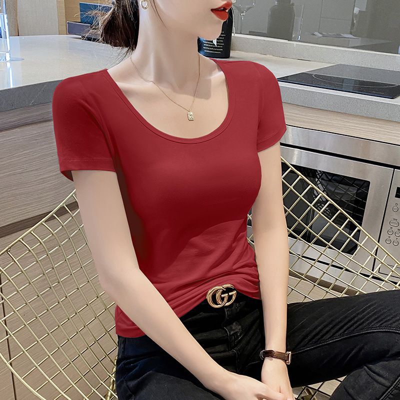 Lotus root pink short-sleeved t-shirt women's pure cotton shoulder this year popular women's clothing summer ootd wear thin versatile top