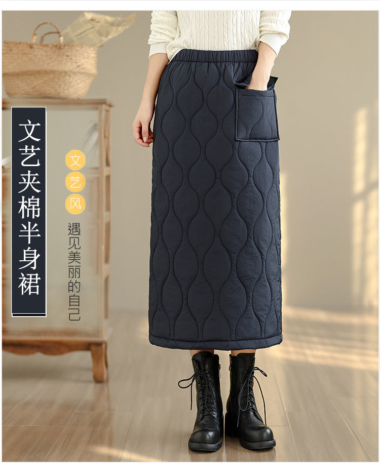 Down cotton skirt women's winter 2025 thickened warm medium and long cotton-padded hip skirt with split ends and one step straight