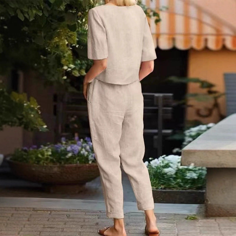 2025 cross-border women's clothing cotton and linen summer commuting matching set half-sleeved O-neck oversized blouse retro two-piece set