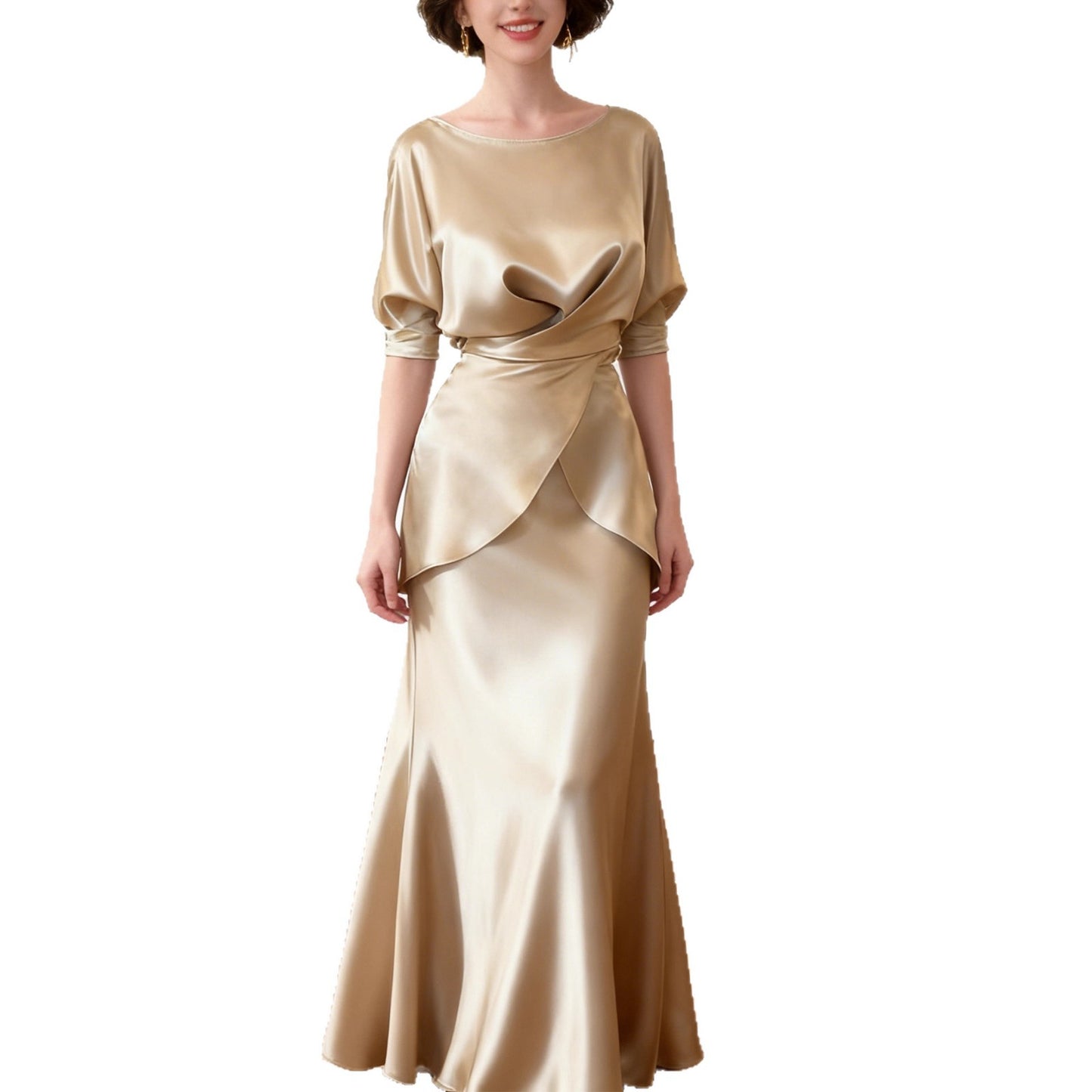 Haute couture imported acetate champagne set women's spring and autumn satin elegant top mermaid skirt temperament two-piece set