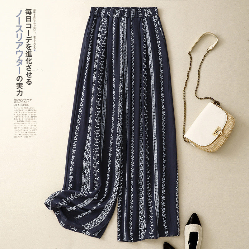 In the summer of 2025, the new printed cotton and linen literary loose and drape casual wide-leg pants for women