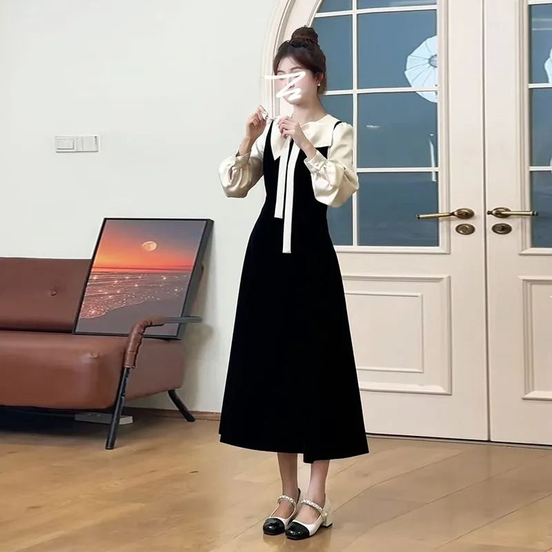 Small French black inner dress autumn and winter 2025 new high-end Hepburn style large size medium and long dress