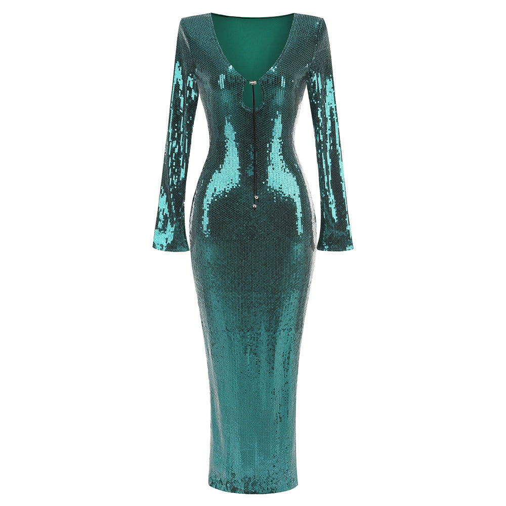 New Amazon Europe and the United States sexy sequin flared sleeve skirt women's U-neck women's clothing hem split dress long