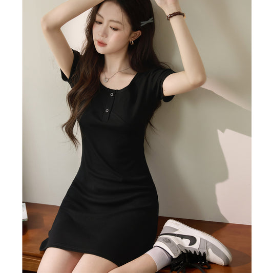 [Selection of excellent cotton] French small black dress A-shaped square collar dress women's summer 2026 new pure cotton sexy short dress